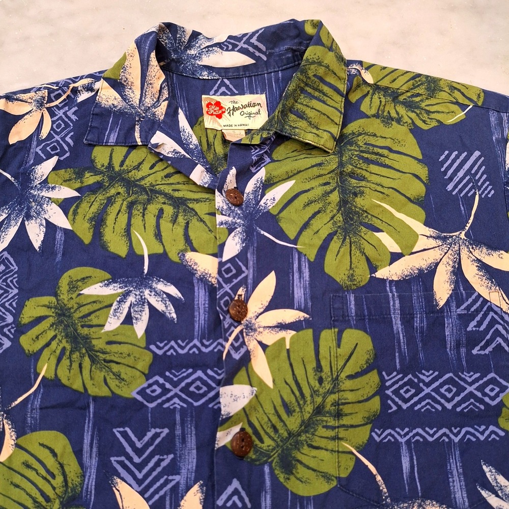 Vtg 90s Hilo Hattie Hawaiian Shirt Mens S Blue Monstera Leaf Cotton Aloha Button